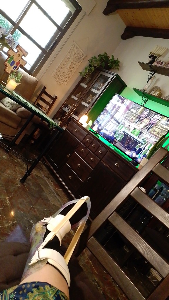 Un salón de casa con una imagen de la Santa Misa en la televisión