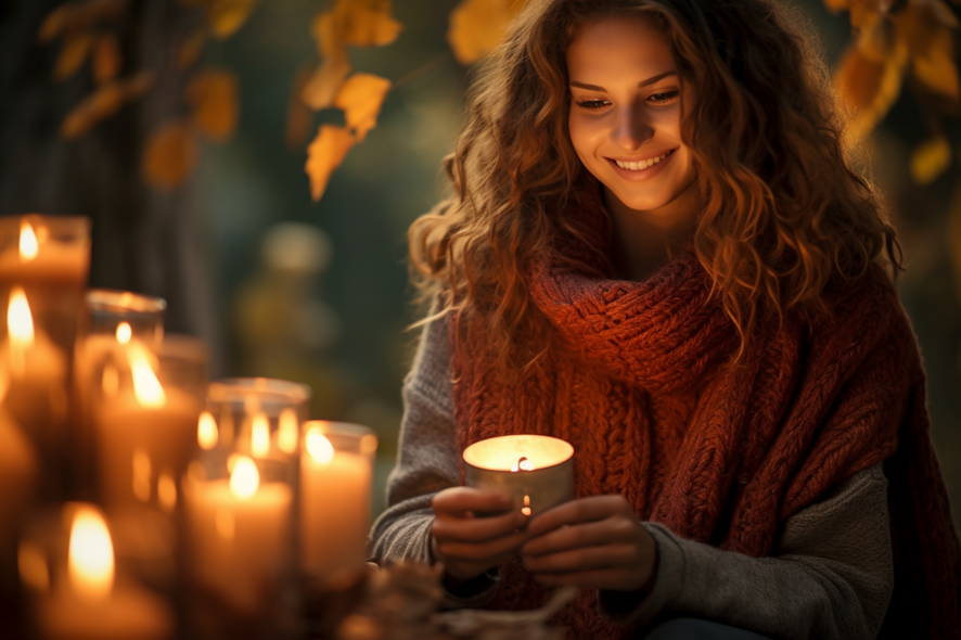 Una chica joven sonriente y feliz está encendiendo una vela.