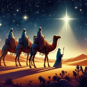 En la imagen se ve a los tres Reyes Magos mirando la estrella que les conduce a Belén. Van subidos a sus camellos y se encuentran en un terreno desértico.